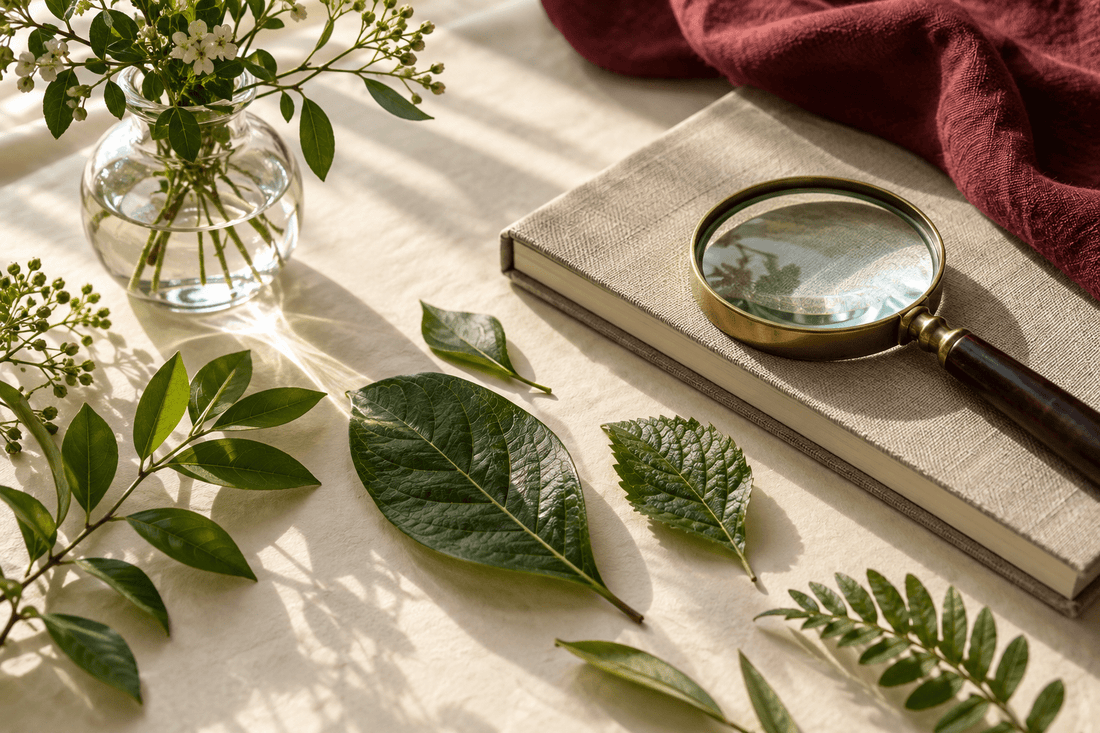 Illustrative green leaves beside a linen notebook and magnifying glass in natural light.