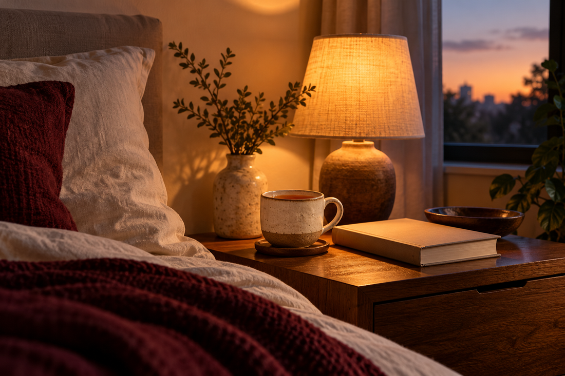 A softly lit nightstand with a ceramic cup, closed book and warm linen textures.