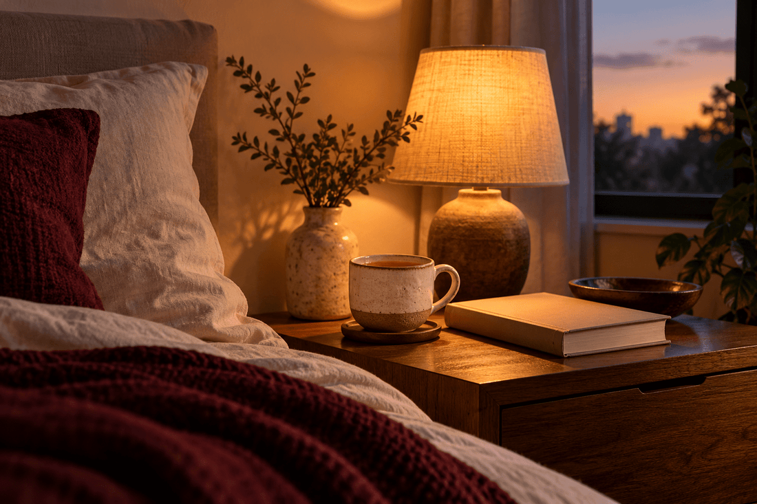 A softly lit nightstand with a ceramic cup, closed book and warm linen textures.