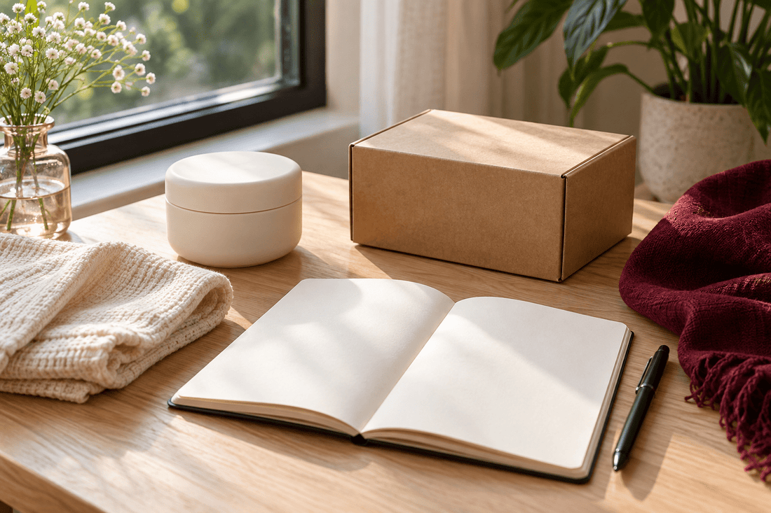 A plain kraft parcel, blank notebook and unbranded personal-care container on a sunlit table.