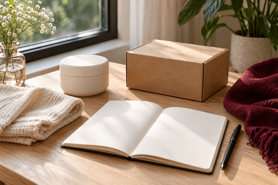A plain kraft parcel, blank notebook and unbranded personal-care container on a sunlit table.