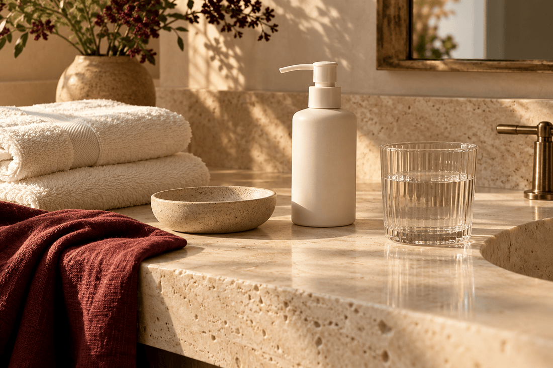 A warm stone counter with folded towels, a plain pump bottle, ceramic dish and glass of water.