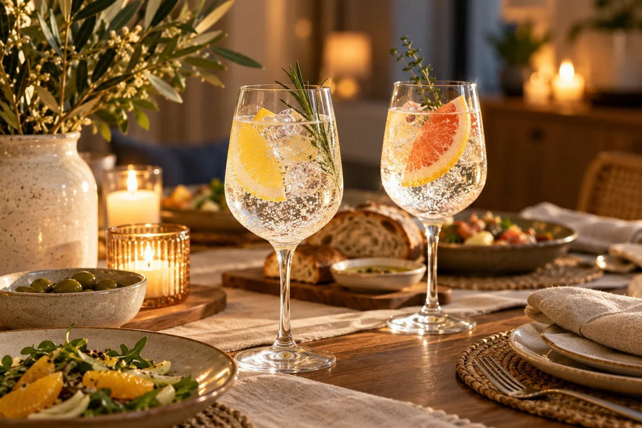 Two glasses of sparkling water with citrus on a warmly lit dinner table