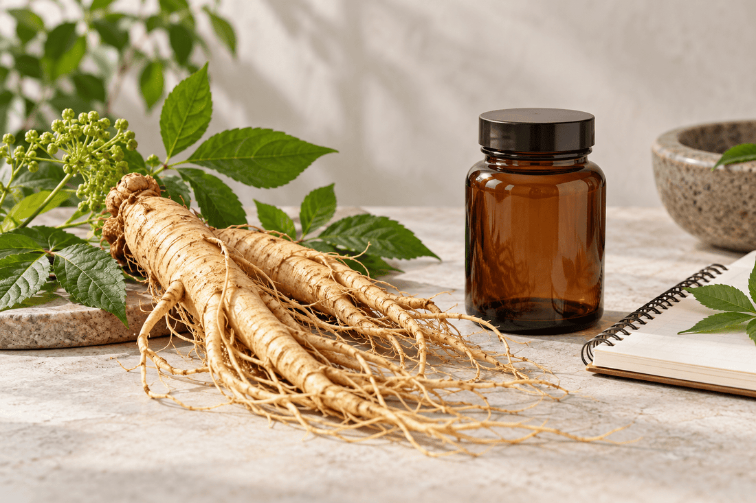 Fresh Asian ginseng roots beside an unlabelled amber jar and notebook