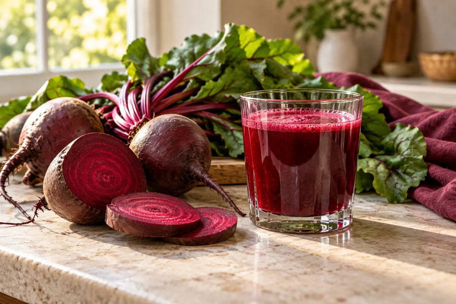 Fresh beets, greens and a glass of beet juice on a stone table