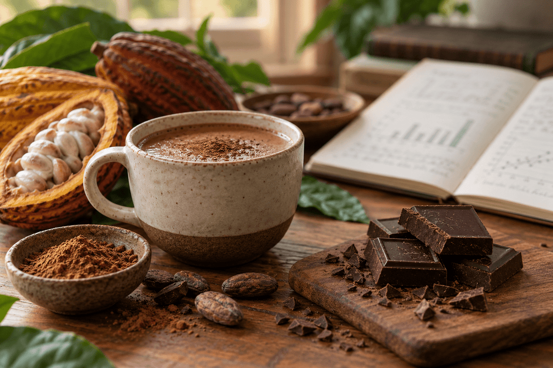 Unsweetened cocoa, cacao pods and dark chocolate beside an open research notebook