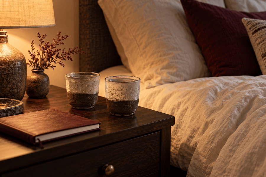 Warm bedside lamp, two water glasses and a journal in a calm bedroom