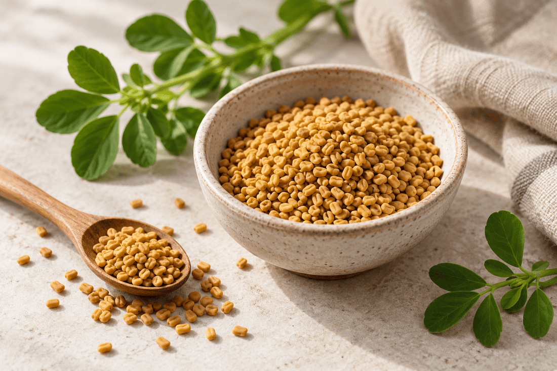 Fenugreek seeds and leaves arranged on a light stone surface