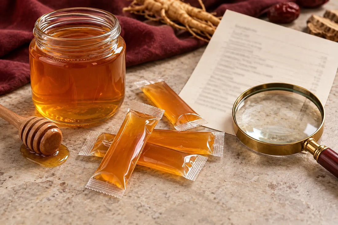 Honey jar and unbranded sachets beside an ingredient list and magnifying glass