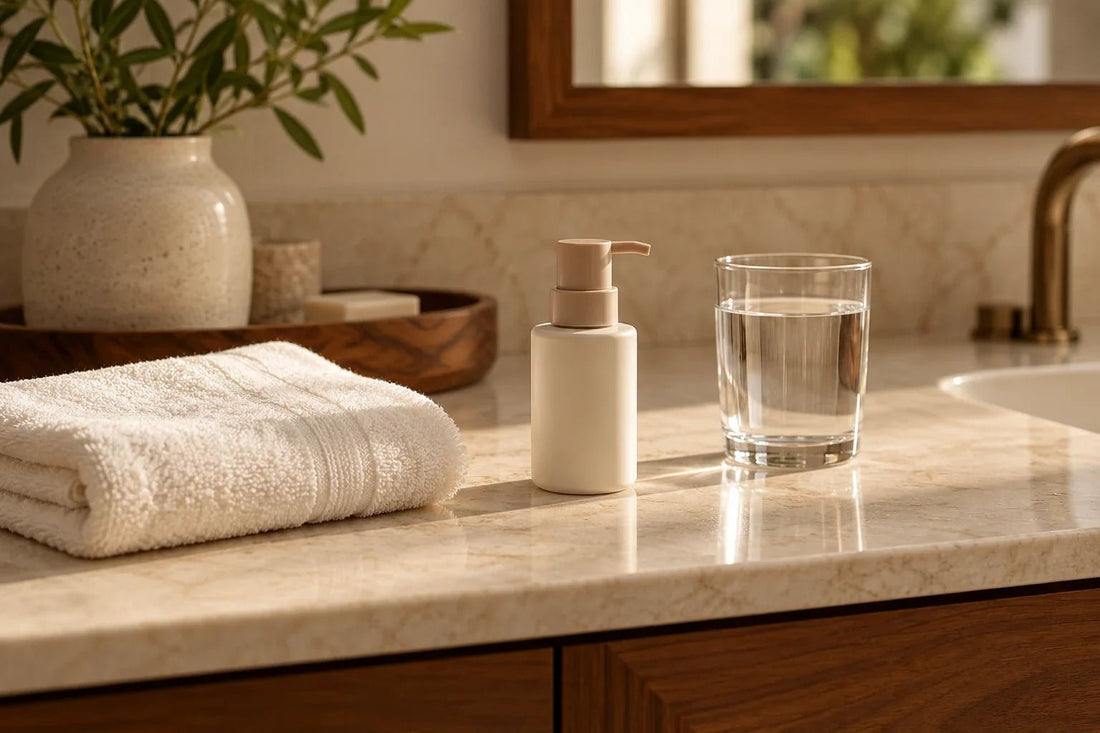 A plain unbranded pump bottle, folded cotton towel and glass of water on a cream counter