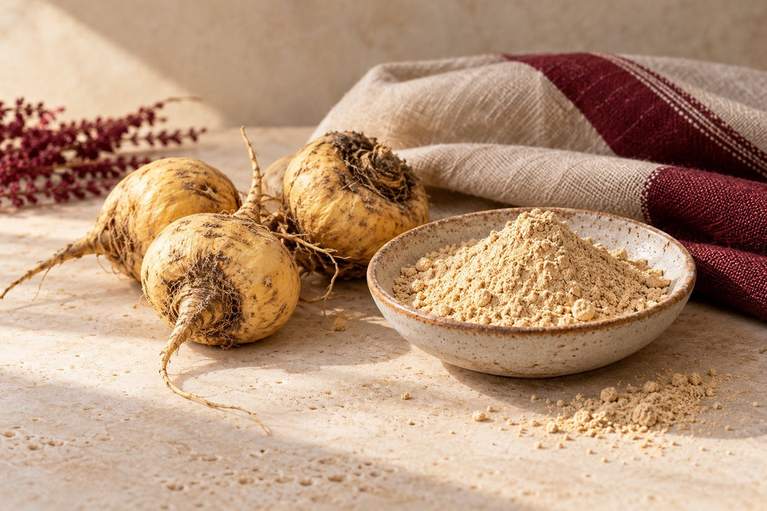 Maca roots and ground maca on a warm stone tabletop