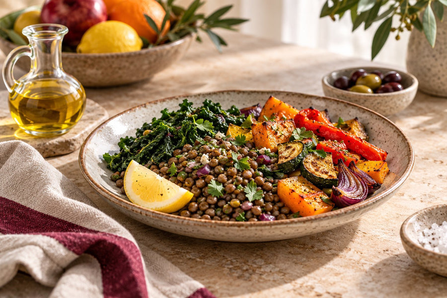 Lentils and roasted vegetables with olive oil and lemon