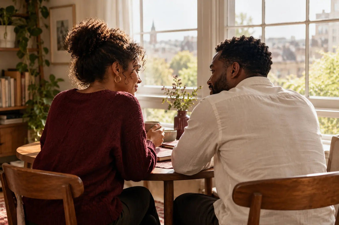 Two adults talking together at a sunlit table