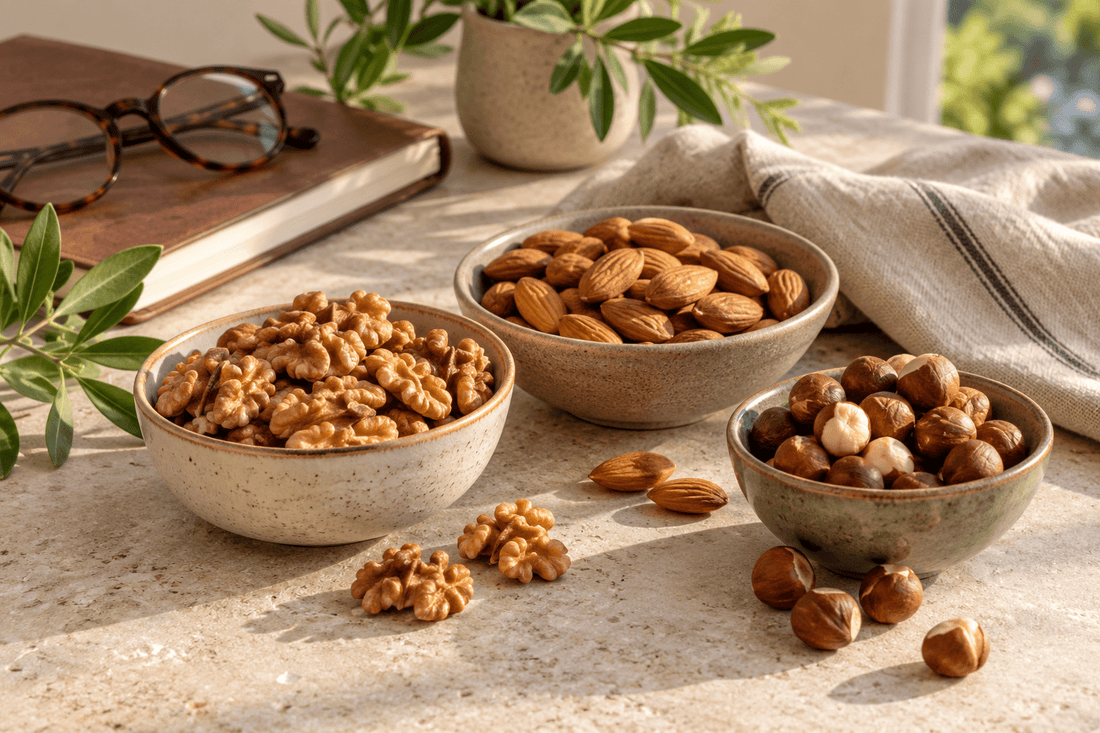 Bowls of walnuts, almonds and hazelnuts on a sunlit stone table