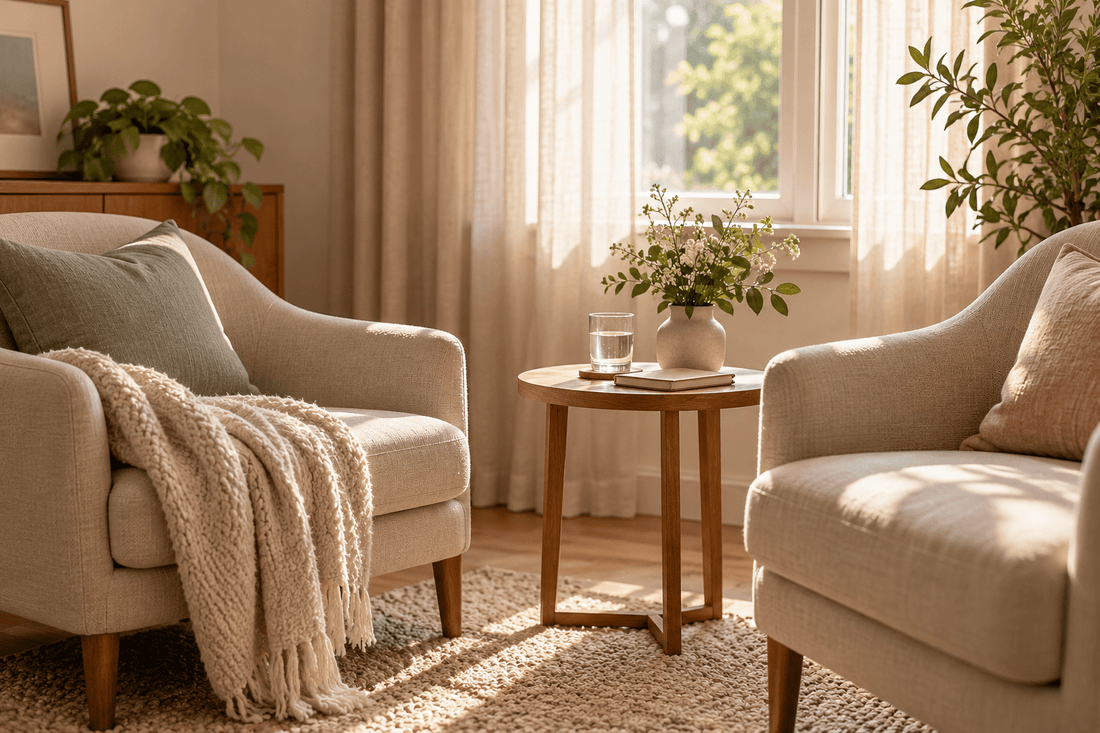 Two empty armchairs in a calm sunlit room with water and a notebook