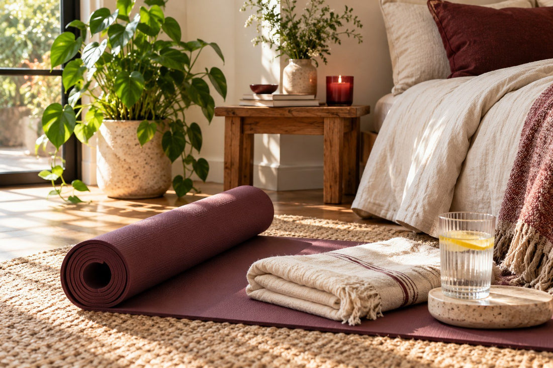 Rolled exercise mat and towel beside a sunlit bedroom