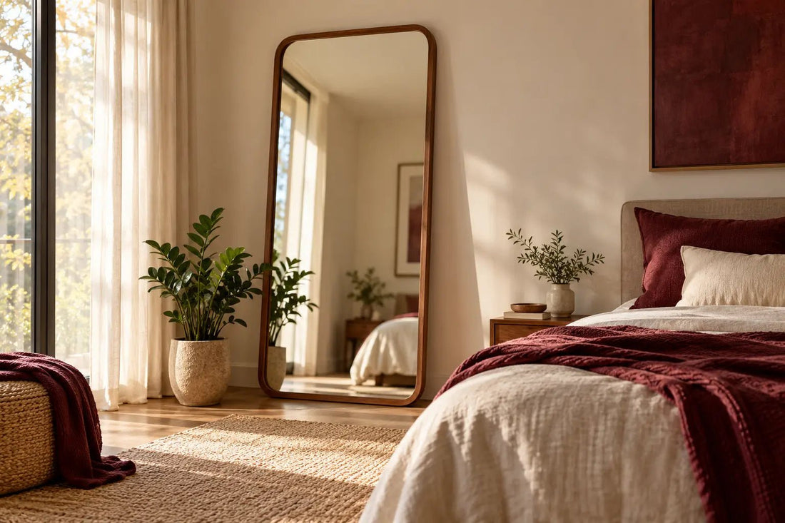 Sunlit bedroom with a standing mirror and cream linens