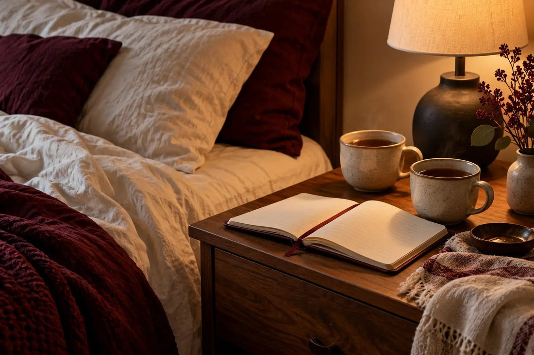 Two cups of tea and an open notebook beside a bed