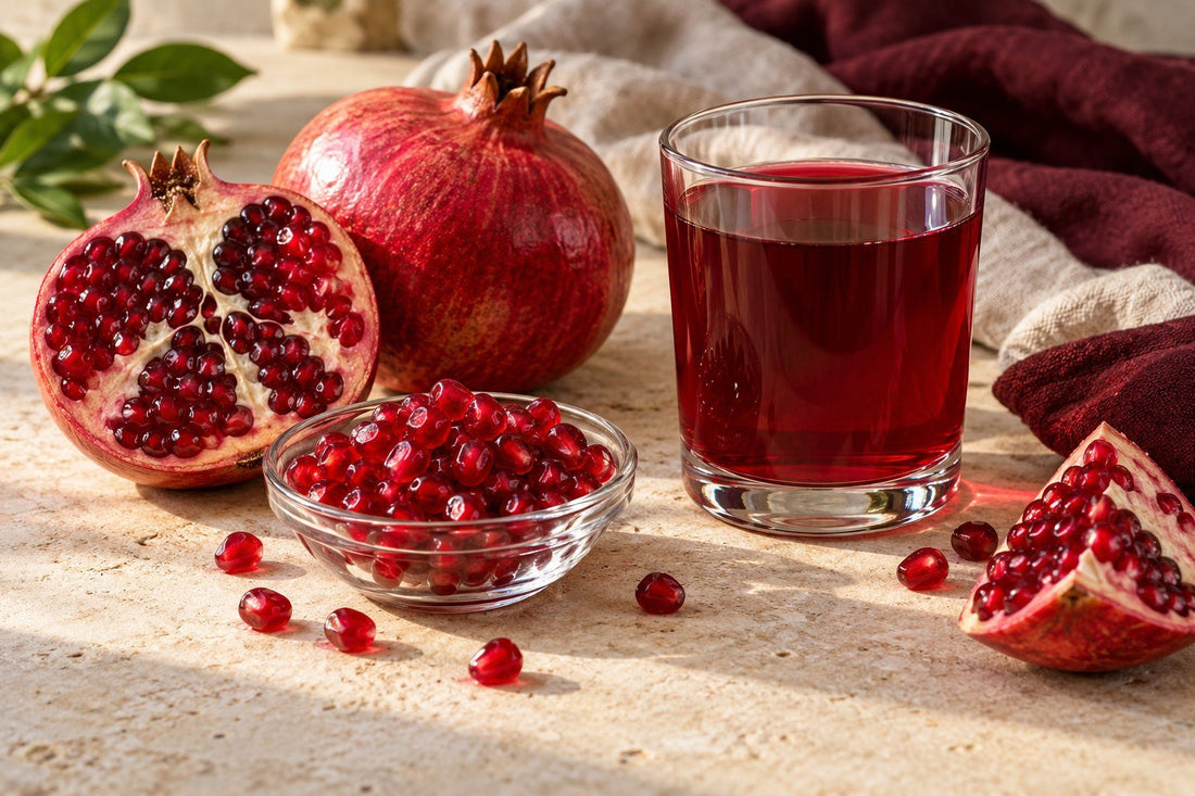 Pomegranates, ruby seeds and a glass of juice in warm daylight
