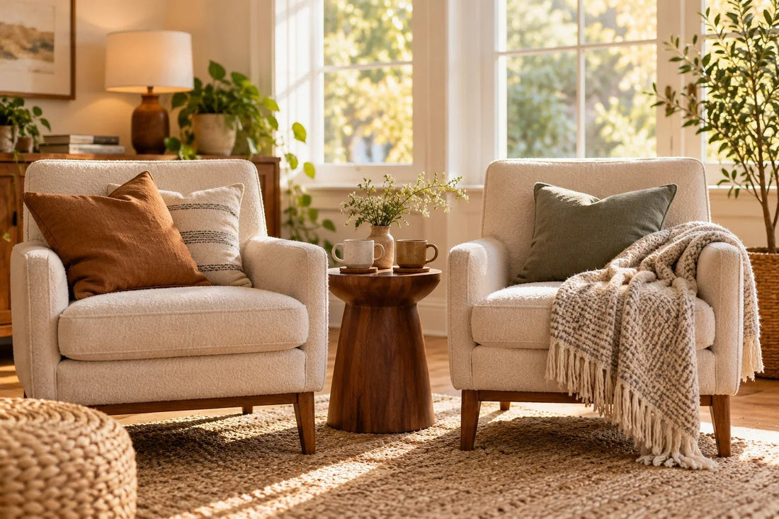 Two cozy armchairs, mugs and a folded blanket in a quiet sunlit home