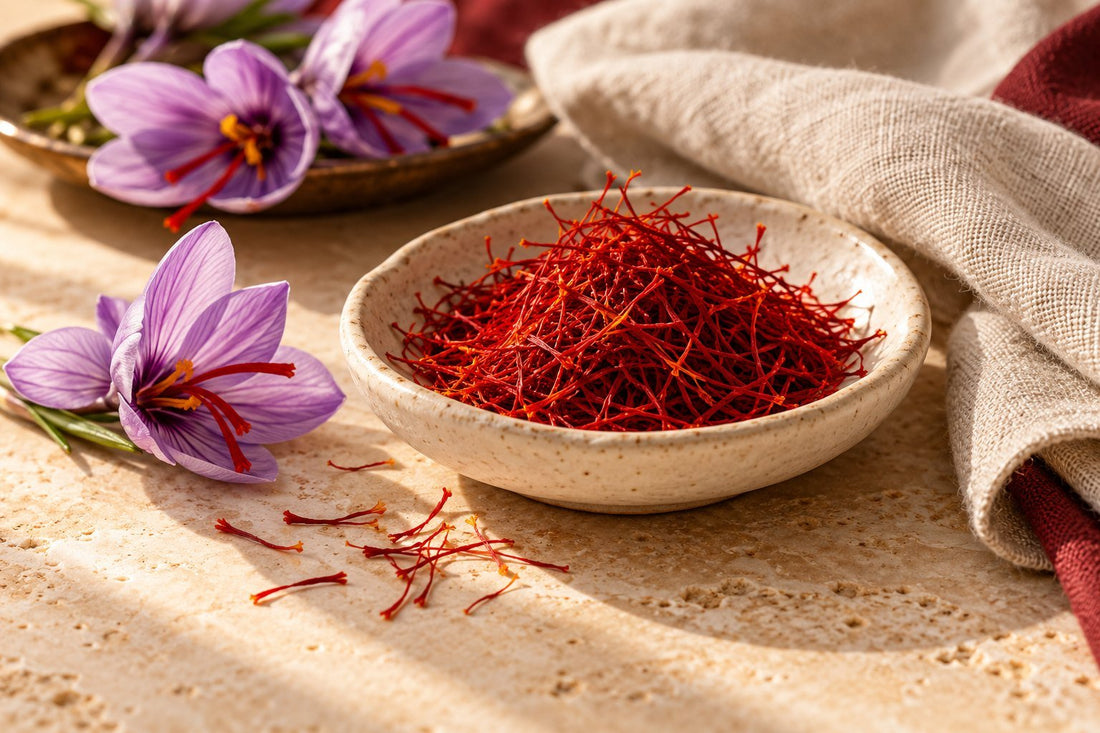 Saffron threads and purple crocus blossoms on a warm stone tabletop