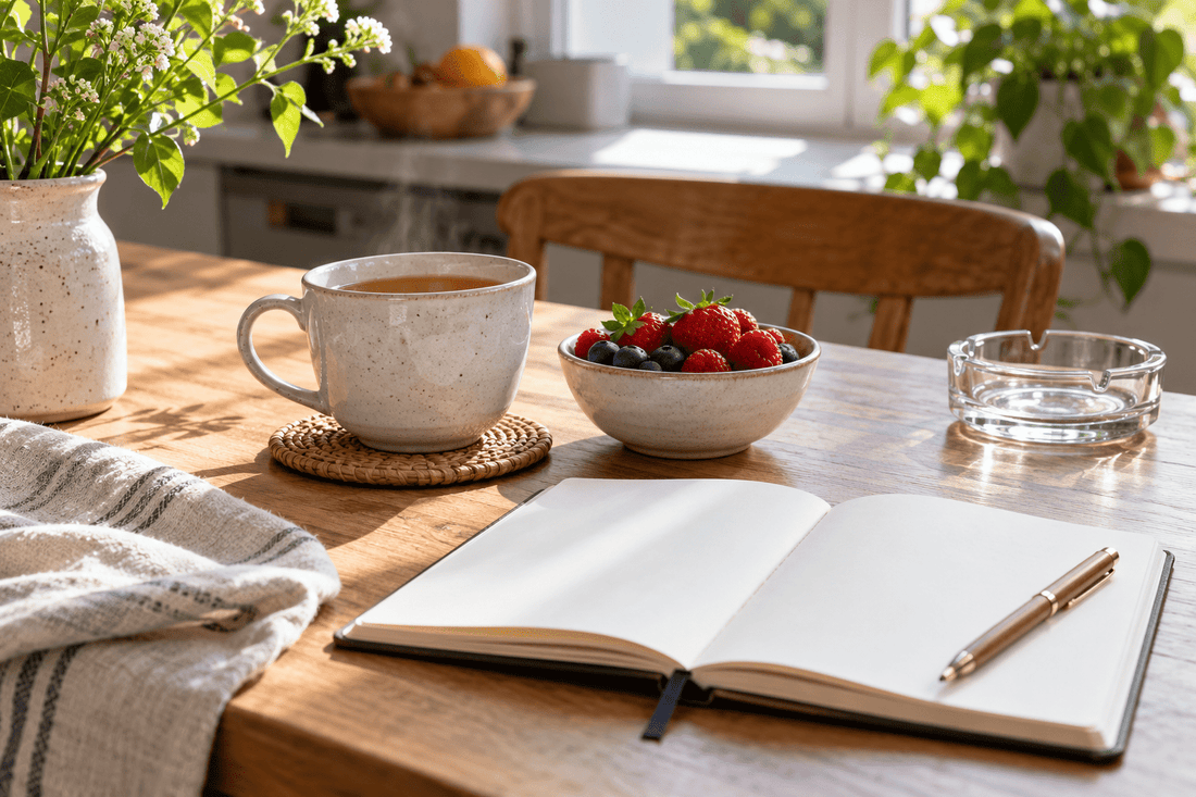 Tea, berries, a blank notebook and an empty ashtray on a sunlit table