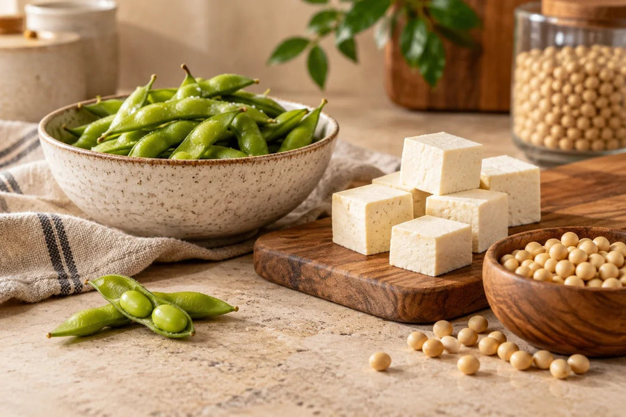Tofu cubes, edamame and dried soybeans arranged on a warm kitchen table