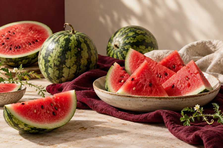 Sliced watermelon on a cream tabletop with burgundy linen