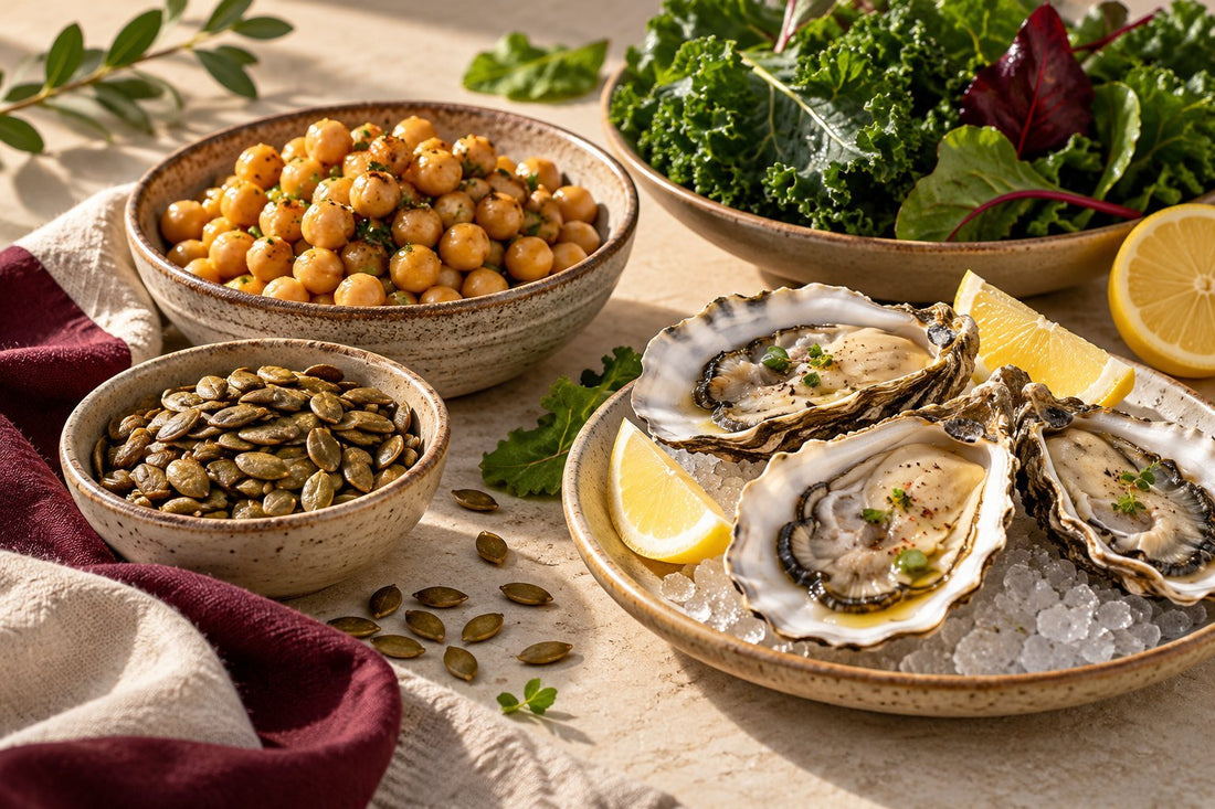 Pumpkin seeds, chickpeas, oysters, lemon and greens