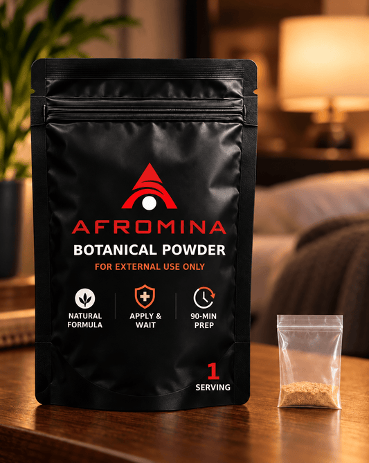 Afromina Botanical Powder presentation: one serving with the 90-minute preparation routine. Packaging enlarged for detail.