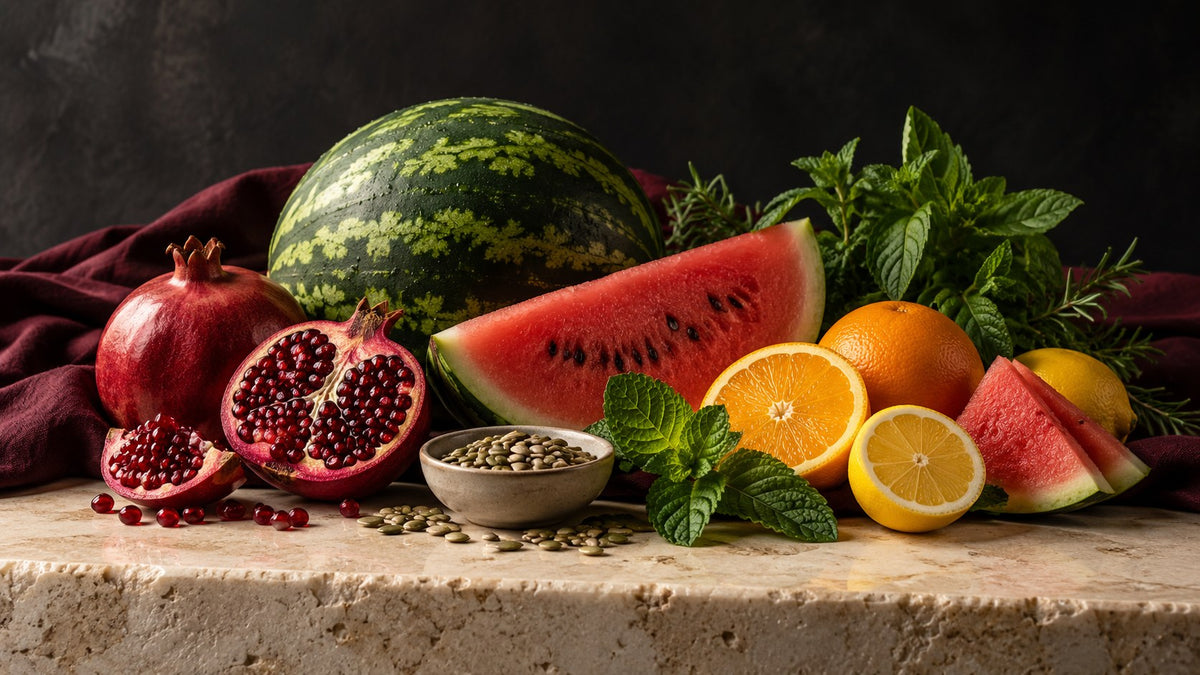 Watermelon, pomegranate, citrus, seeds and herbs on a dark editorial tabletop
